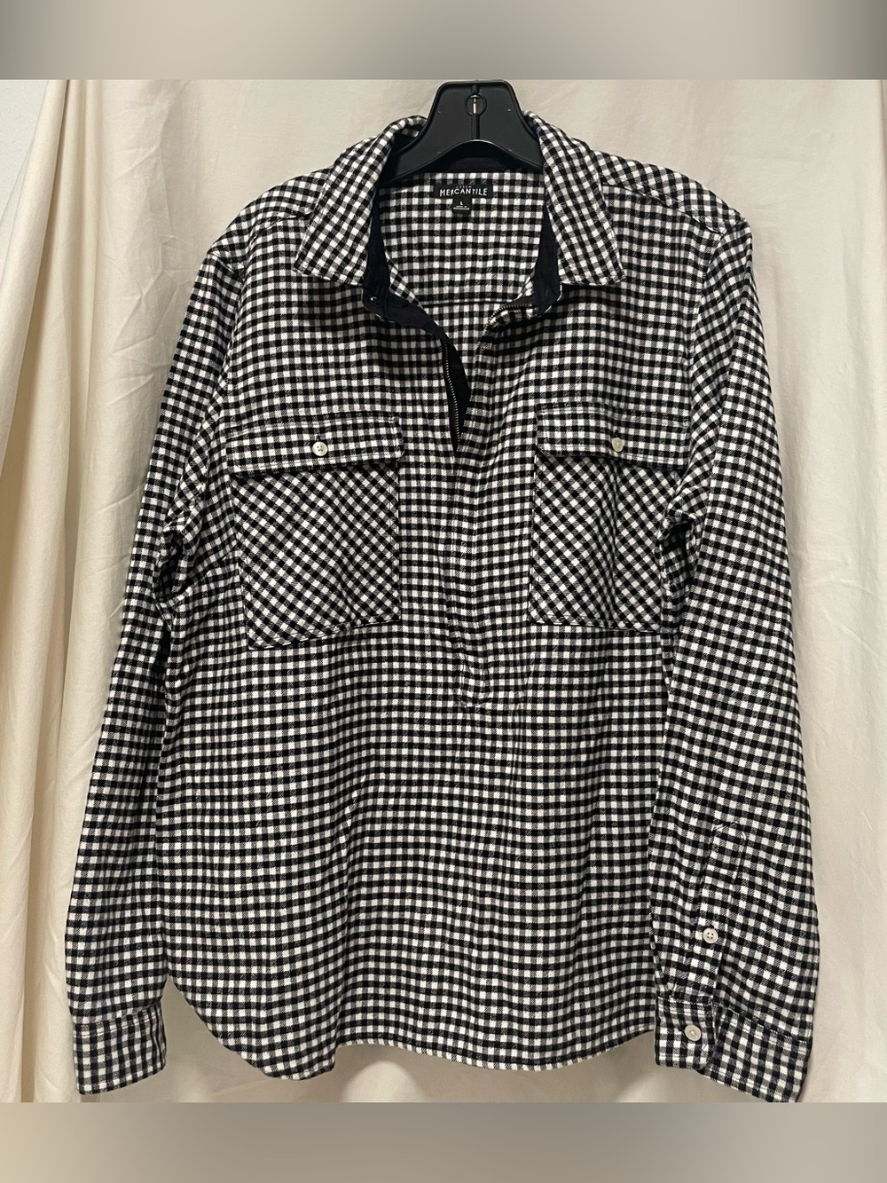 J Crew 100% Cotton Flannel Black & White Gingham Quarter Zip Shirt